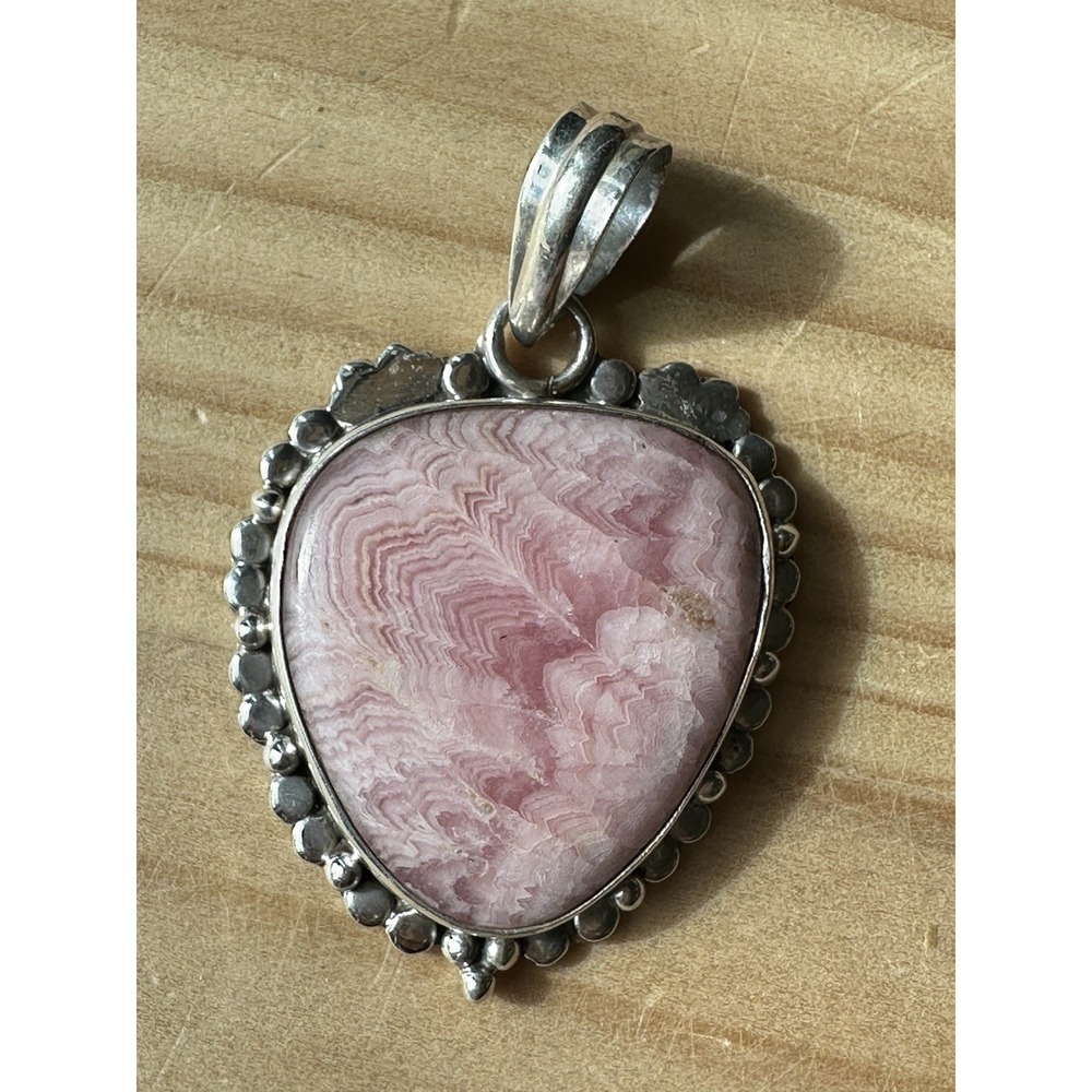 VTG Artisan Pendant 1.75 Inch Pink‎ Banded Rhodochrosite Cab 925 Sterling 9.9g